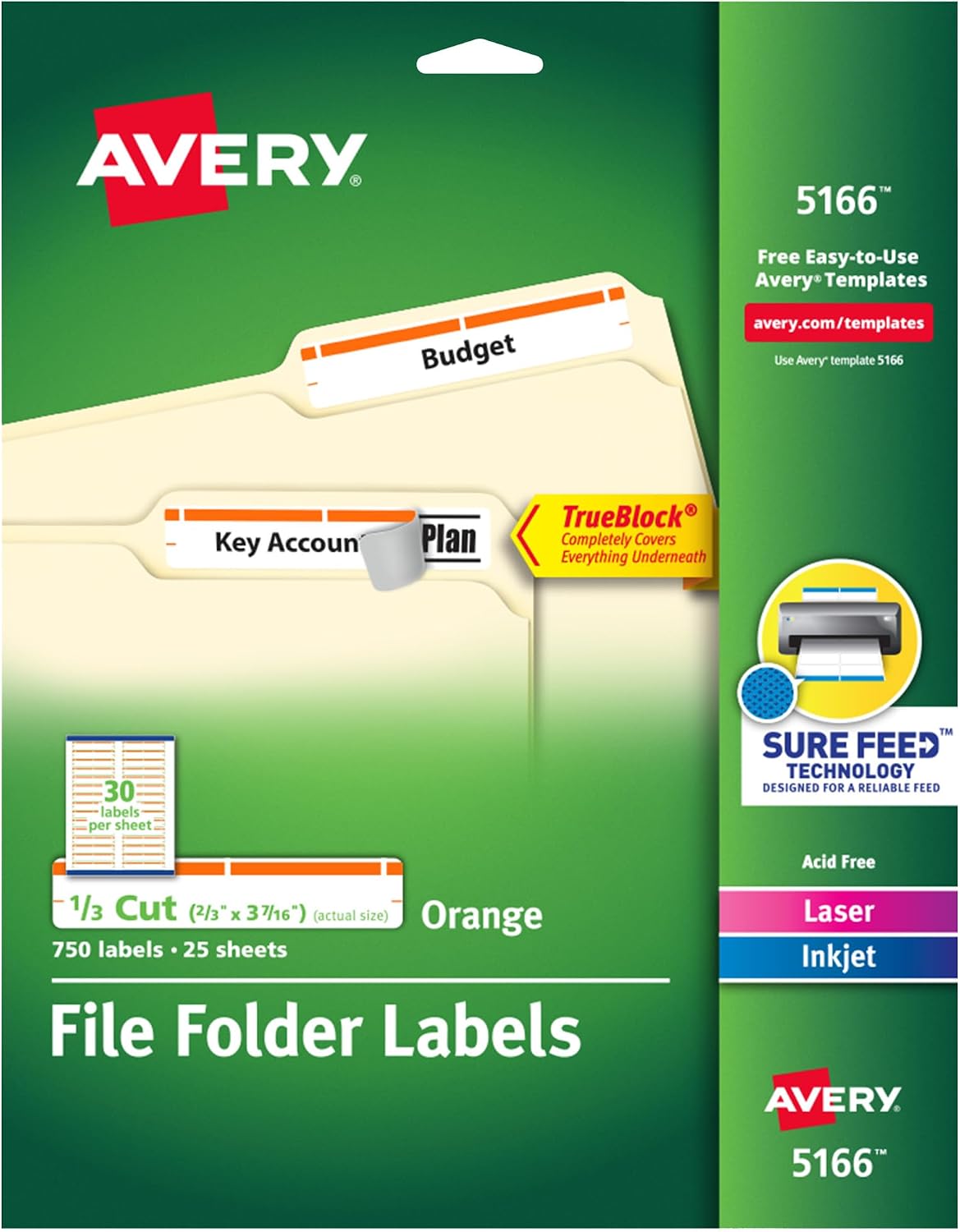 Avery® TrueBlock® File Folder Labels, 2/3" x 3-7/16", 750 Printable Labels, White/Orange, Permanent (5166)