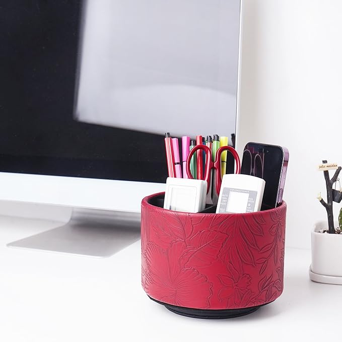 Hennaja Round Leather Art Supply Organizer, Remote Control Holder, 360 Degree - Image 7