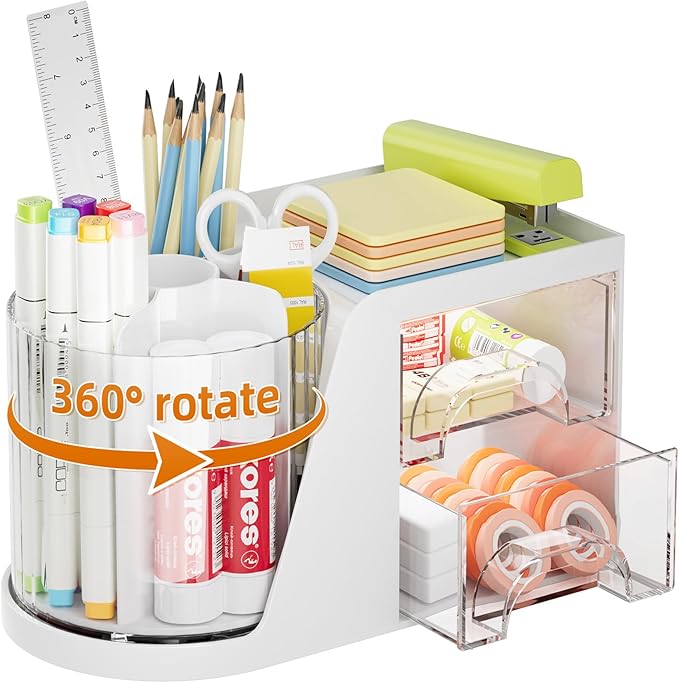 Marbrasse Desk Organizer with 2 Drawer, 360°Rotating Pen Holder, Desk by Marbrasse