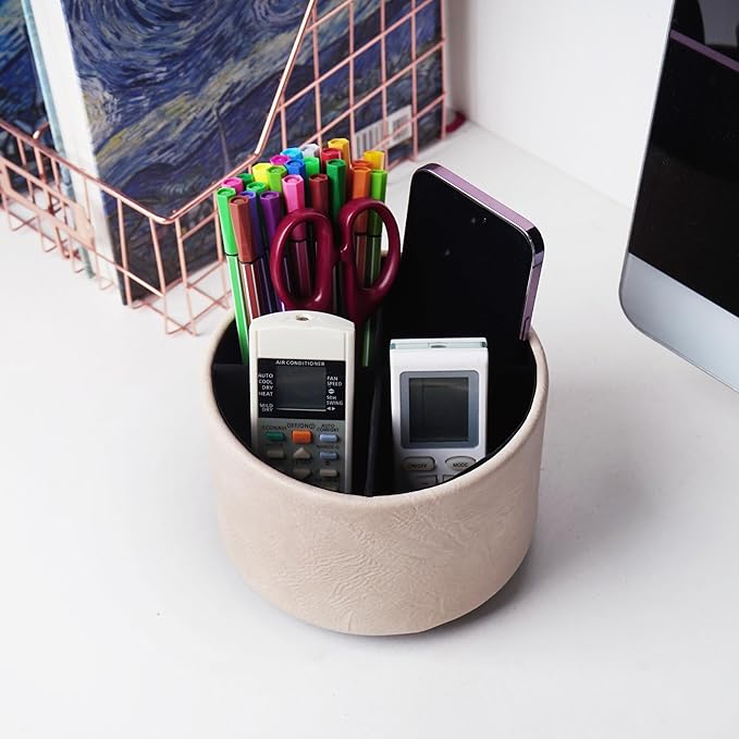 Hennaja Round Leather Art Supply Organizer, Remote Control Holder, 360 Degree - Image 6