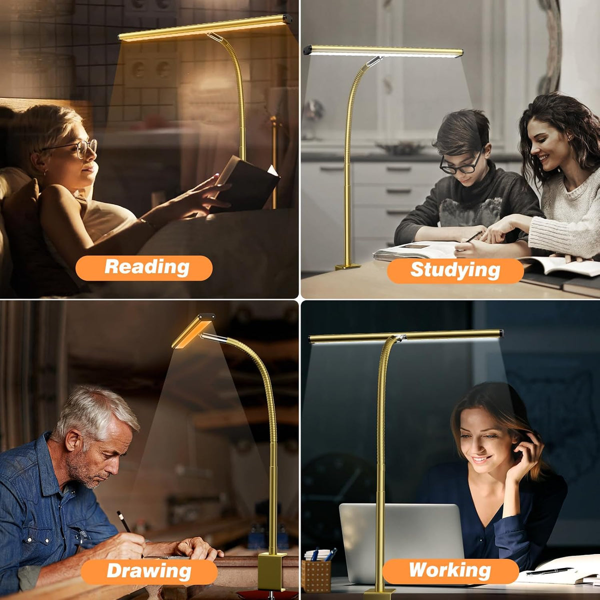 airlonv led desk lamp with clamp, 17" stepless showing dimensions