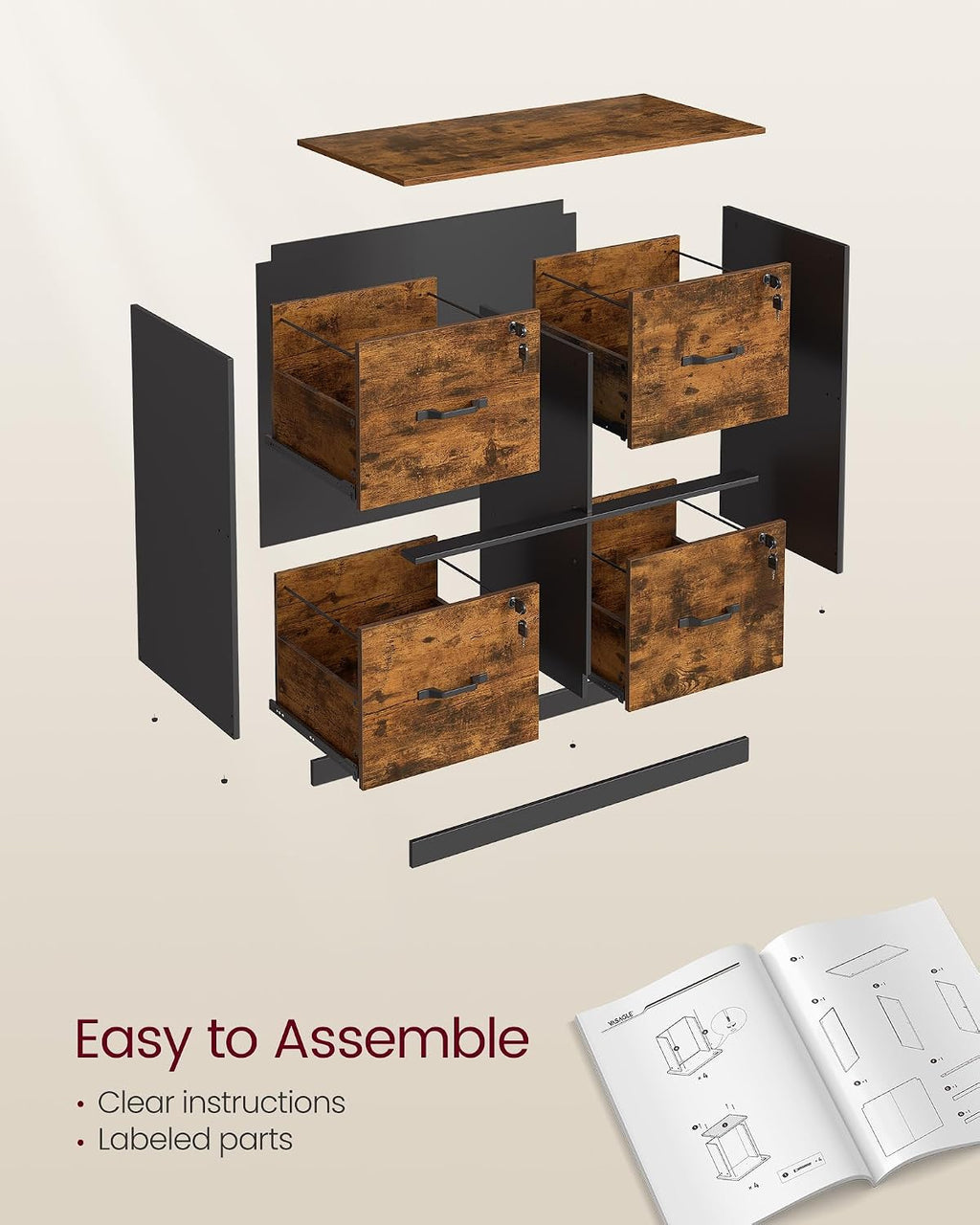 vasagle 4-drawer lateral file cabinet, compact, locking, printer, package contents