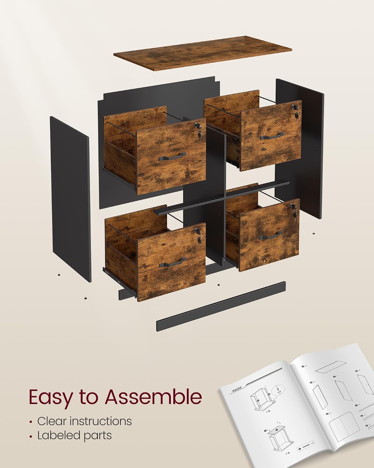 vasagle 4-drawer lateral file cabinet, compact, locking, printer, package contents