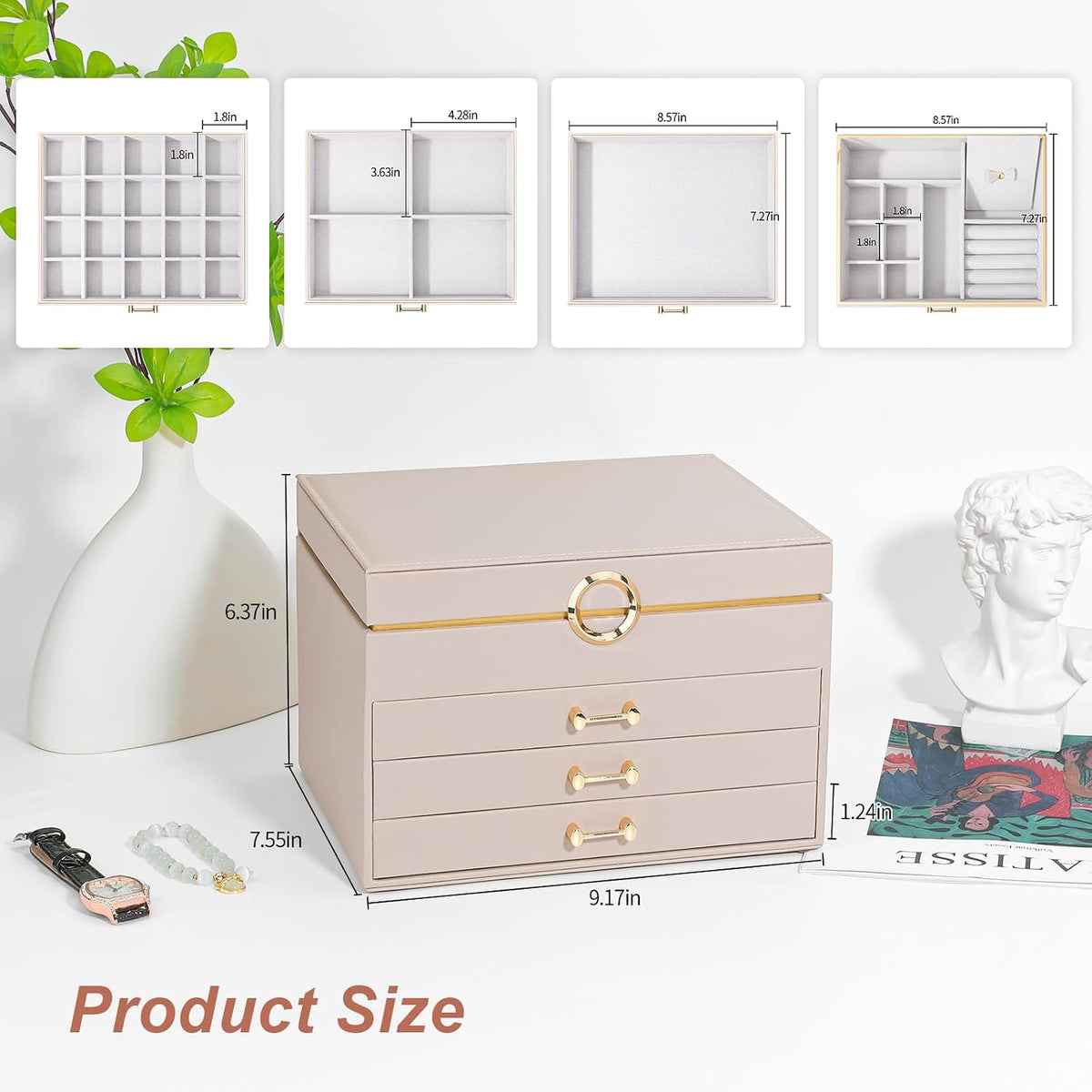 Large Jewelry Box, 4-Layer Leather Organizer, Apricot