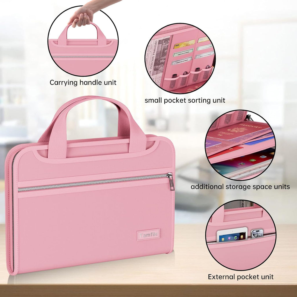 Tamfile Fireproof Accordion File Organizer, Expanding File Folder, Pink | 13 Pocket Colorful, Handle, Zipper & Labels, Multi-Pockets Paper Organizer, for Letter A4 Files, Home, Office, School