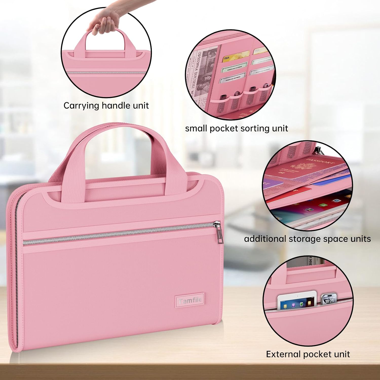 Tamfile Fireproof Accordion File Organizer, Expanding File Folder, Pink | 13 Pocket Colorful, Handle, Zipper & Labels, Multi-Pockets Paper Organizer, for Letter A4 Files, Home, Office, School
