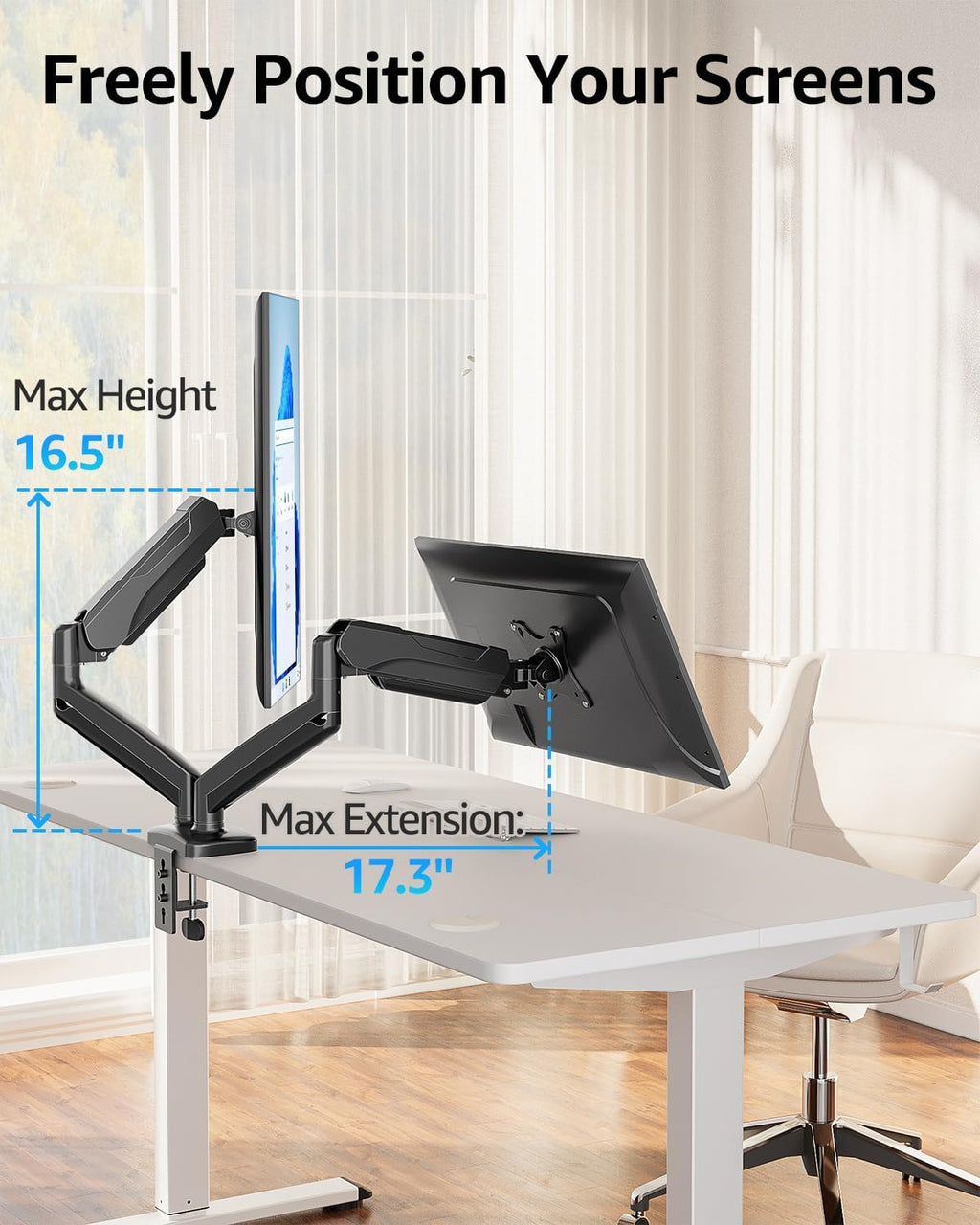 mountup dual monitor stand for desk, monitor arms on a desk or shelf