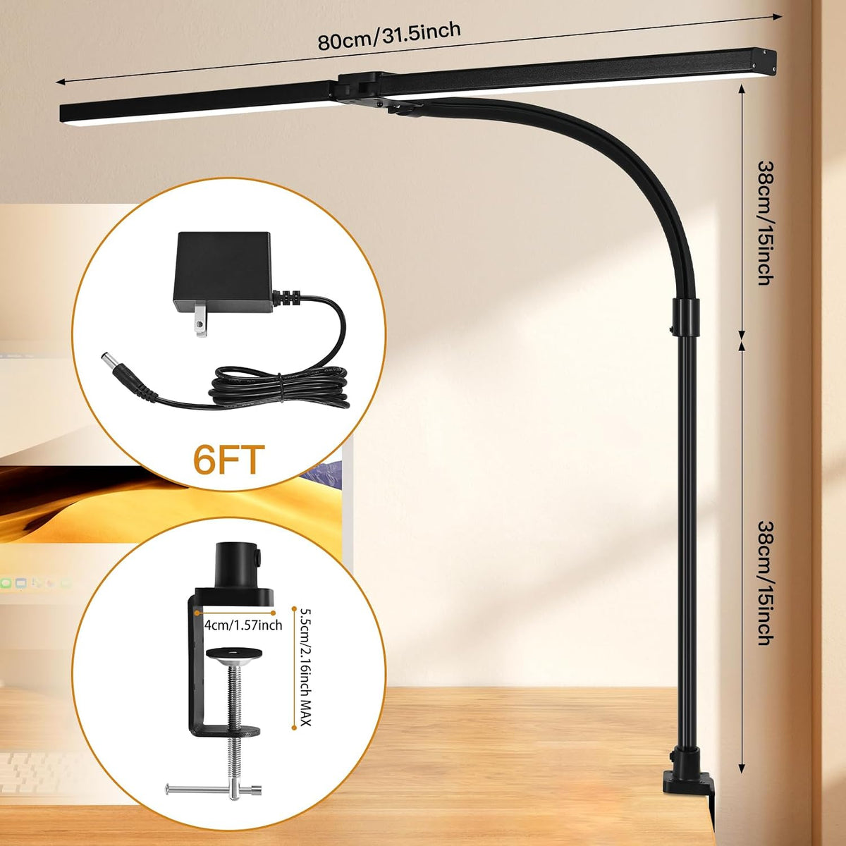 led desk lamp with clamp, dual head monitor, side view