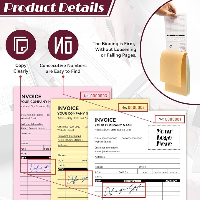 100 Sets Custom 5.7" X 8.5" Invoice Receipt Book, Personalized Duplicate - Image 7