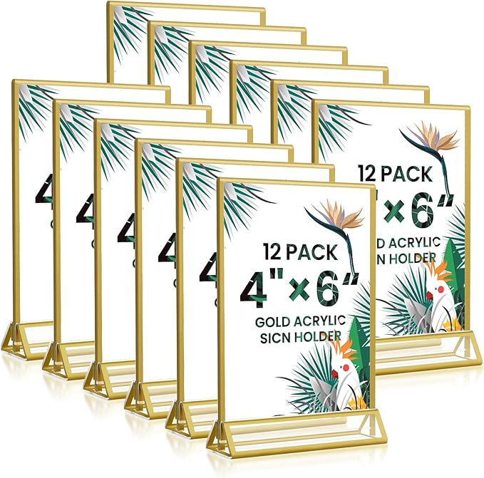 4x6 Gold Acrylic Sign Holder, 12 Pack Wedding Table Number Holder Stands by Unknown