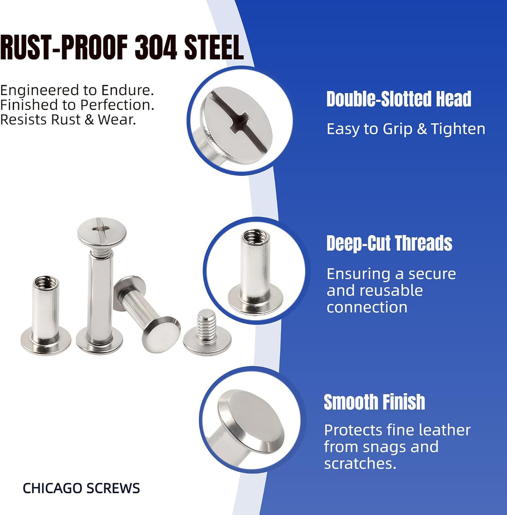 115 Sets Chicago Screws Kit for Leather Crafts, 304 Stainless Steel Binding Screws Rivet, 8 Sizes (M5x4/5/6/8/10/12/15/20mm) Binding Post with Tools (Silver)