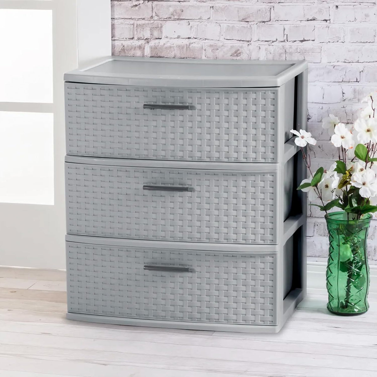 Sterilite Wide 3 Drawer Storage Tower, Weave Pattern, Cement, 2-Pack