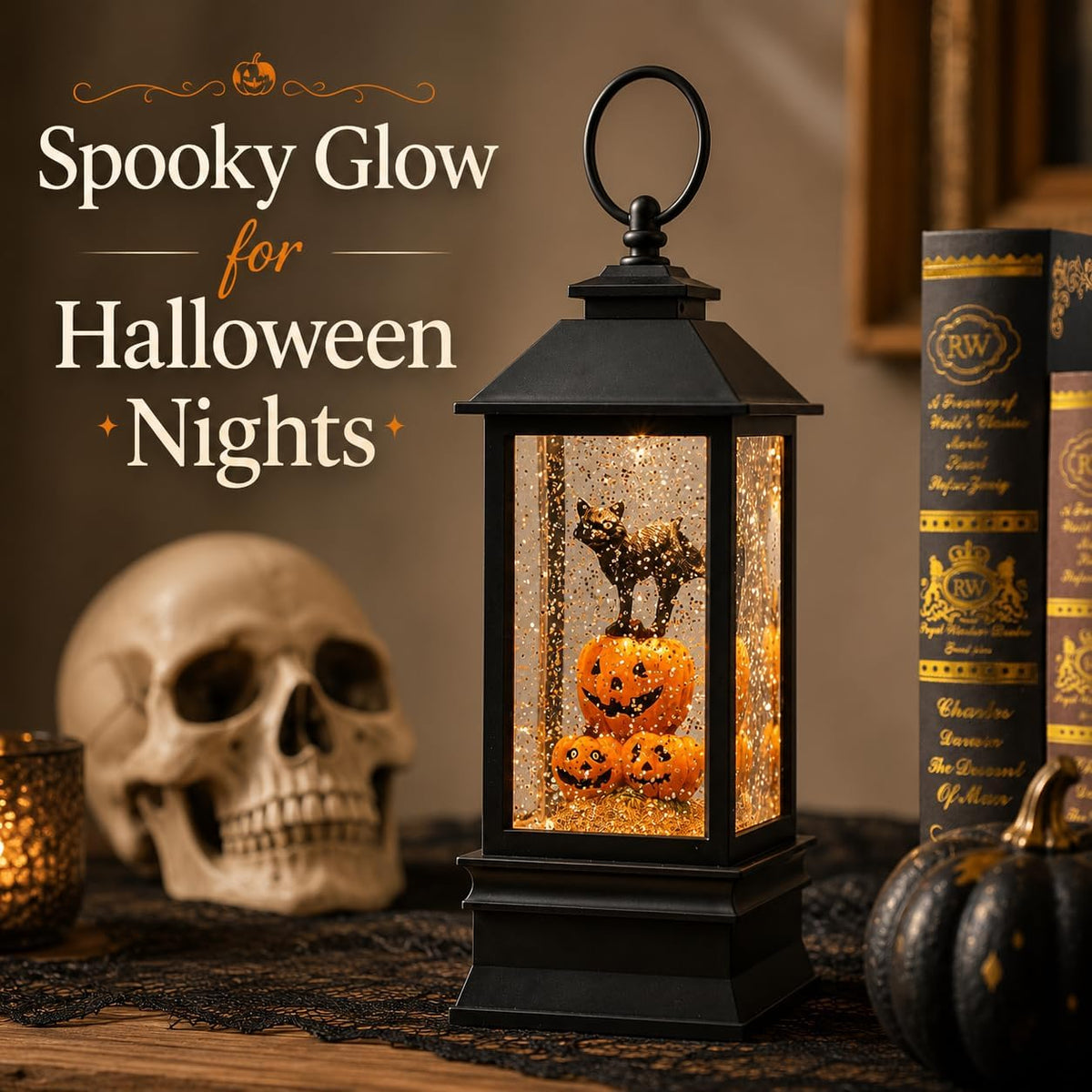 10'' Halloween Snow Globe Lantern Lighted Musical Water Lantern Spook...