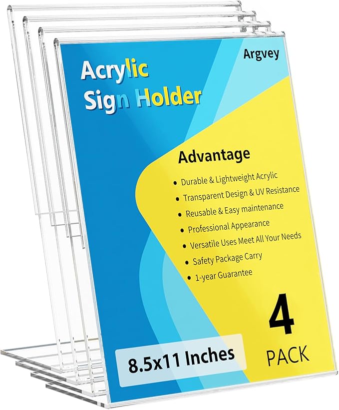 Argvey 4 Pack Acrylic Sign Holder 8.5x11, Desktop Papers Menus Frame Flyer by Argvey