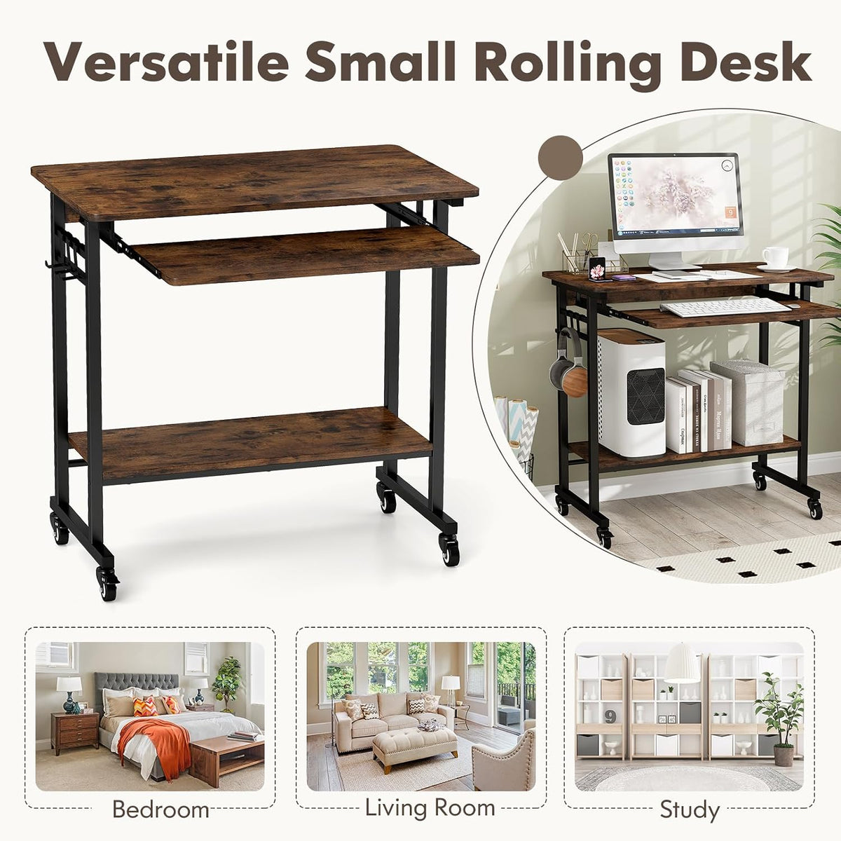 Tangkula Rolling Computer Desk Cart with Keyboard Tray, Mobile Portable Lapto...