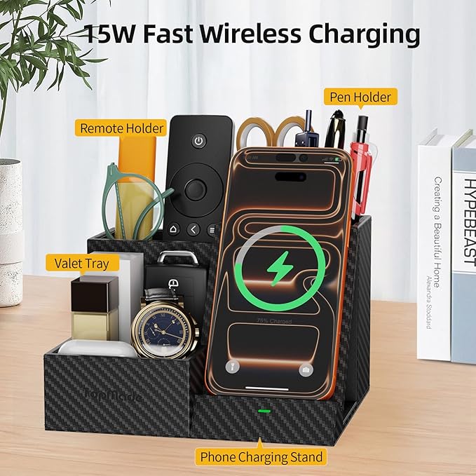 TopMade Wireless Charger Nightstand Organizer, Leather Desktop Organizers - Image 3