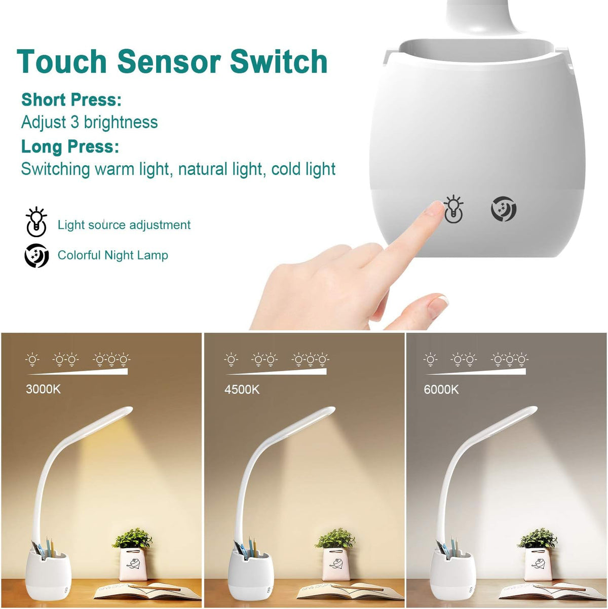 ERAY LED Desk Lamp with Pen Holder for Home Office Dorm, Touch Dimmable