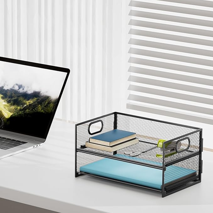Marbrasse 2 Tier Paper Organizer Letter Tray, Mesh File Organizer - Image 3