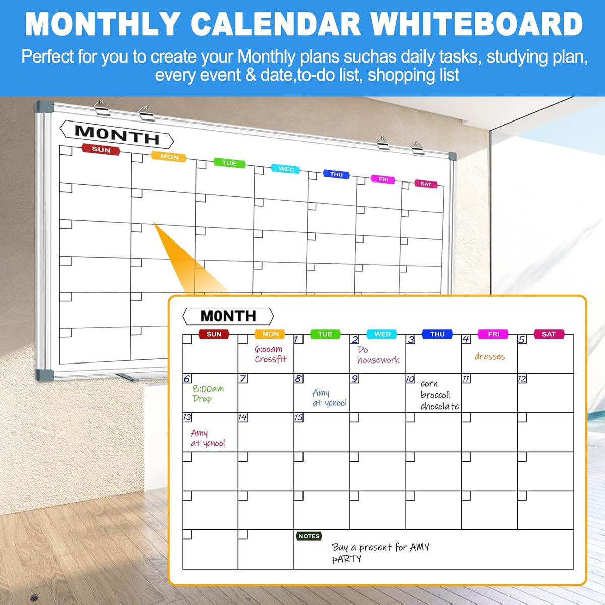 Large Monthly Calendar Whiteboard for Wall 72"X40", Aluminum Frame