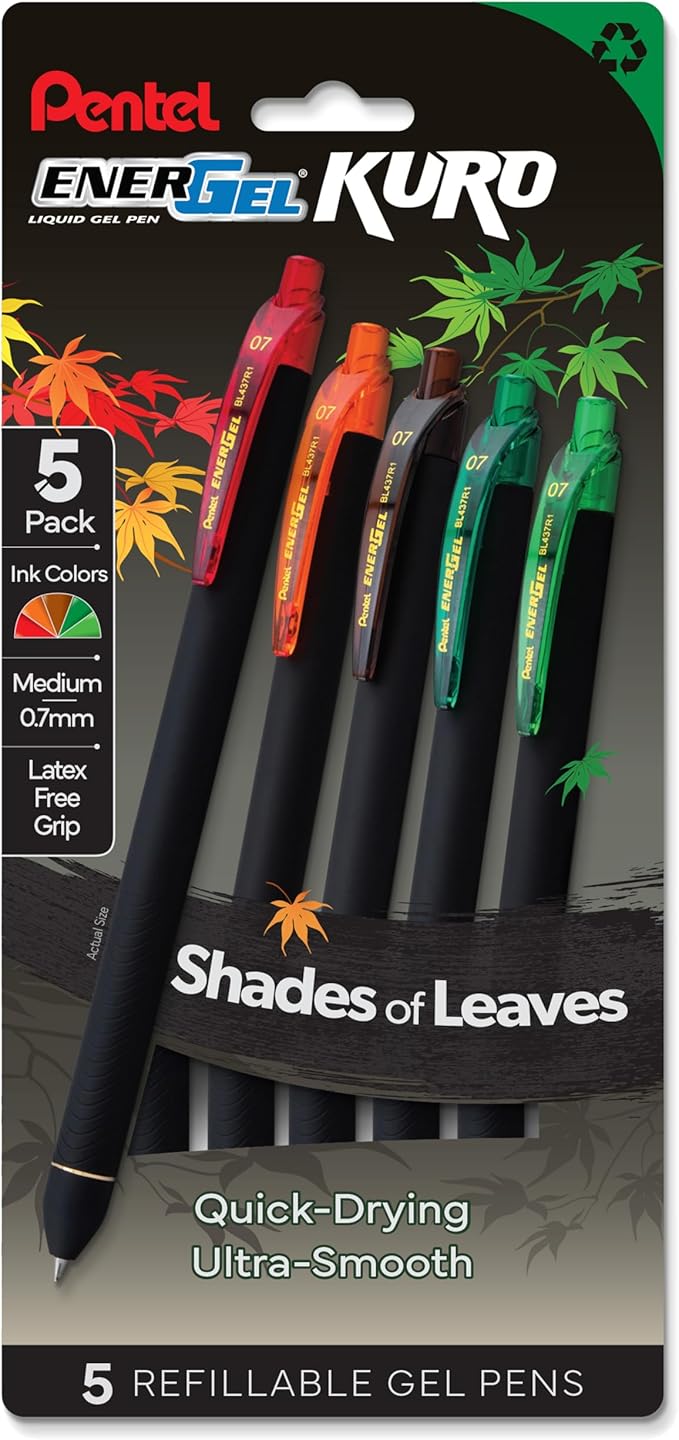 Pentel EnerGel Kuro Shades of Leaves, Retractable Liquid Gel Pen by PentelofAmerica