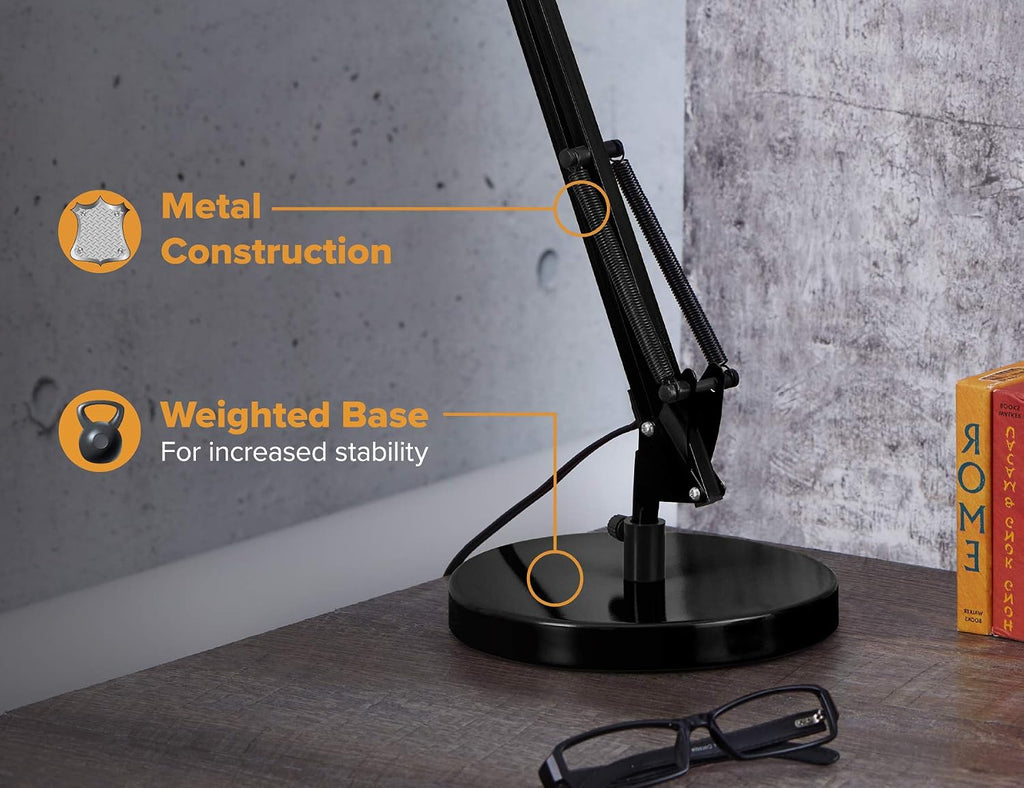bostitch office vlf100d swing arm desk lamp, metal, close-up detail