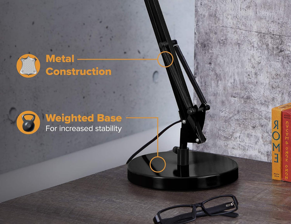 bostitch office vlf100d swing arm desk lamp, metal, close-up detail