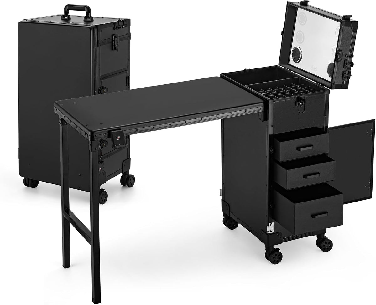 Portable Manicure Table 3 Drawers, Rolling Lockable Makeup Train Case with Bl...