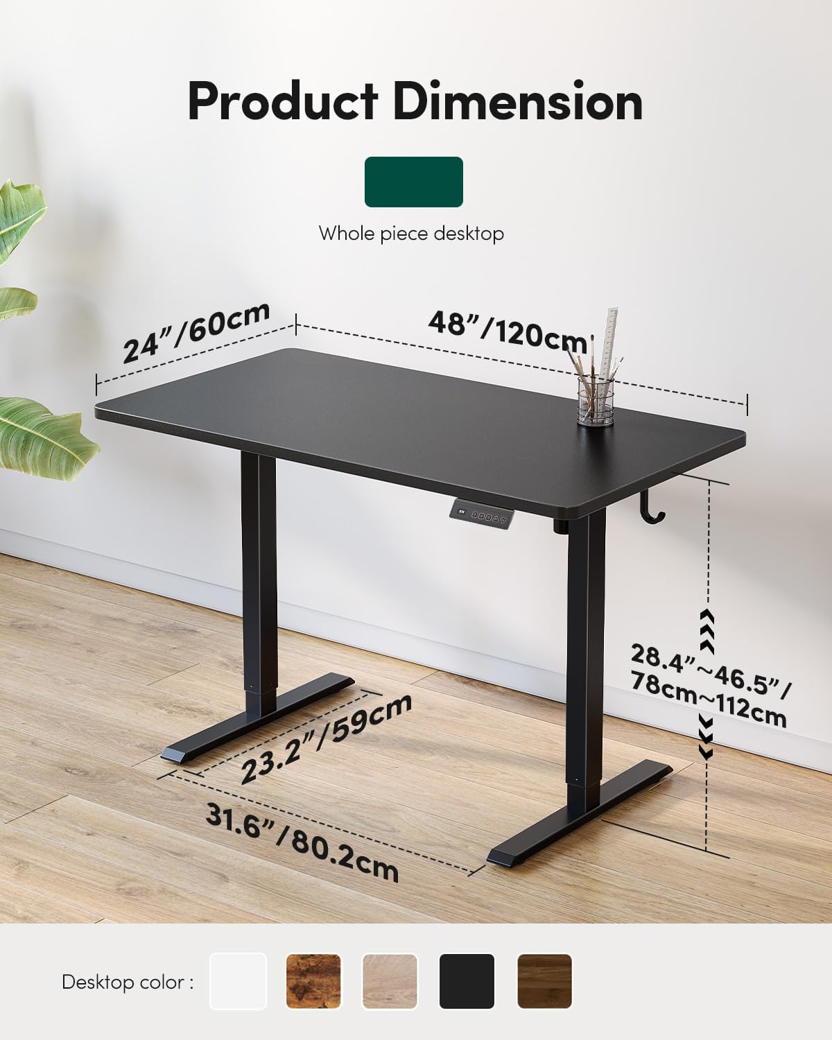 CubiCubi 48 x 24 One-Piece Electric Adjustable Standing Desk, Dark Black
