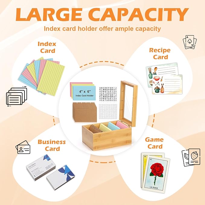4x6 Index Card Holder with Dividers Bamboo Index Card Organizer Box 4 - Image 4
