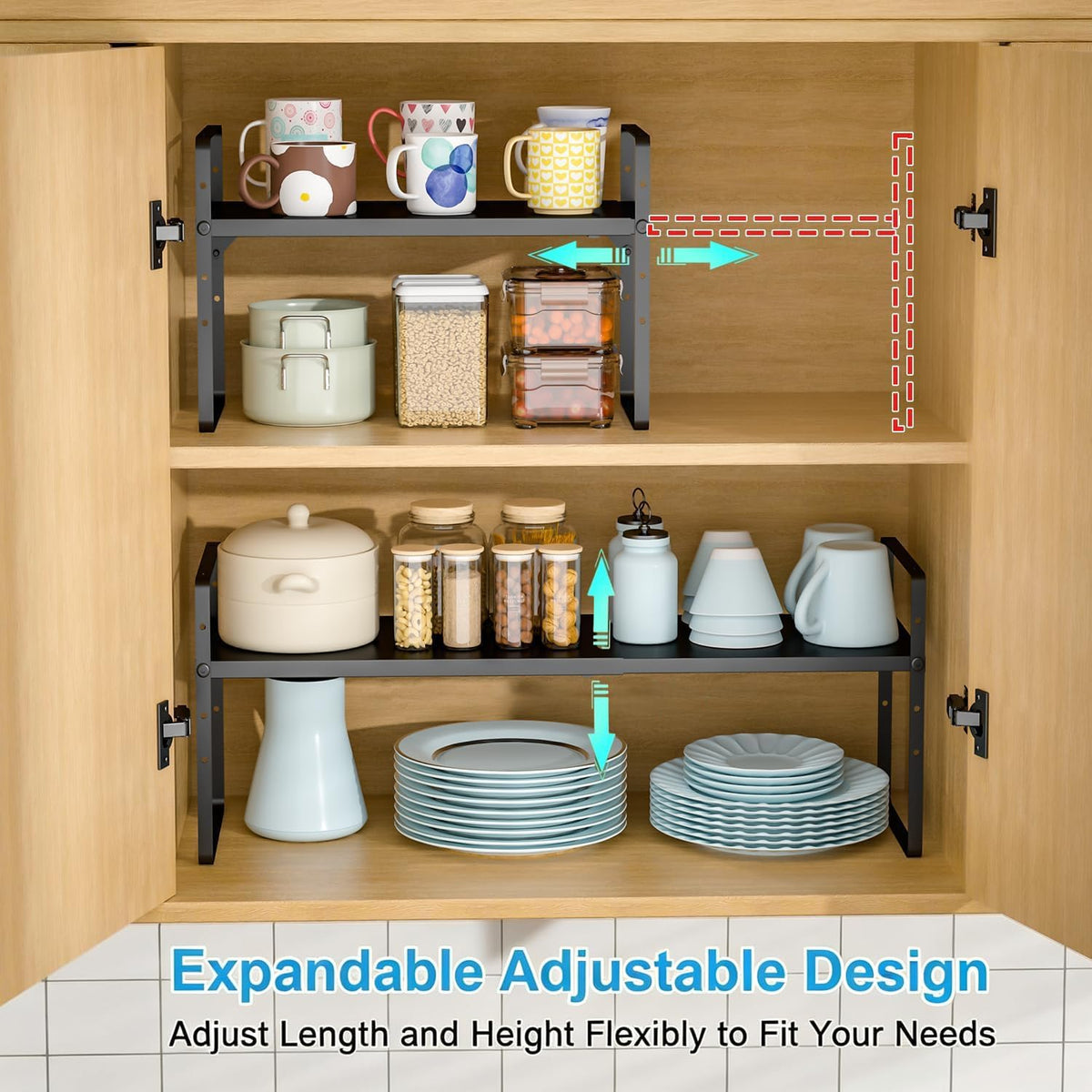 15.5 to 25.5 Inch Expandable Kitchen Cabinet Organizer Shelf, 2 Pack 30 LBS H...