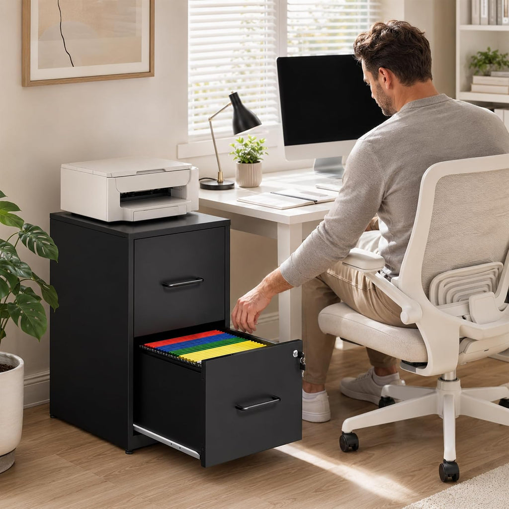2 Drawer File Cabinet with Lock, Metal Vertical File Cabinets for Home Office, Office Furniture for Organization Hanging Legal/Letter/A4, Office File Cabinet Storage Cabinet, Require Assembly, Black | Black Steel Locking Vertical File Cabinet, Hanging