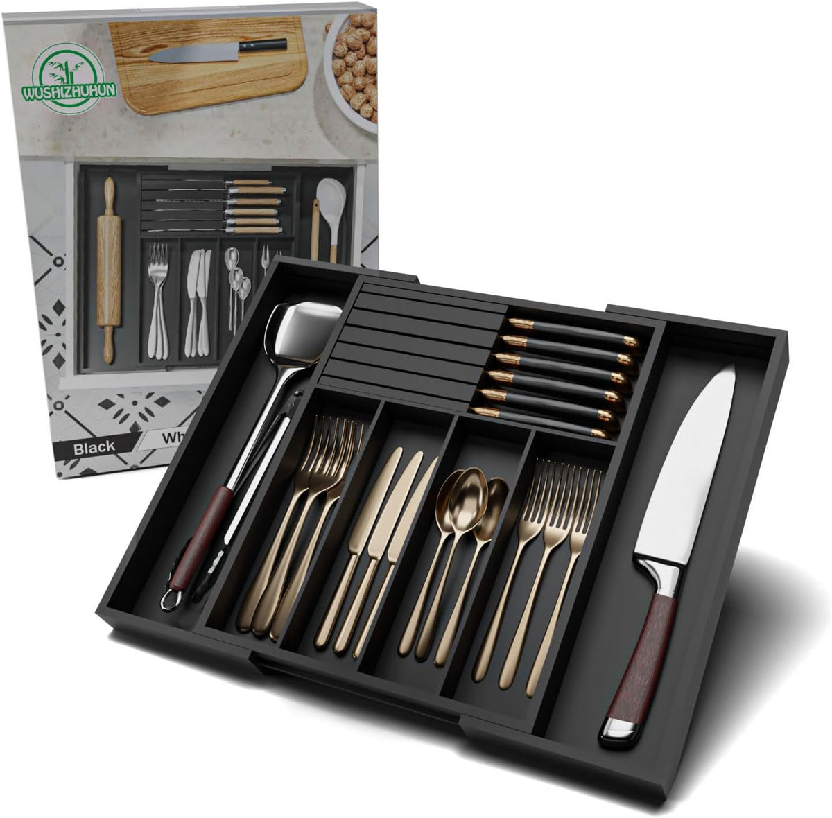 Utensil Organizer Silverware Tray for Drawer - Bamboo Knife Drawer Organizer ...
