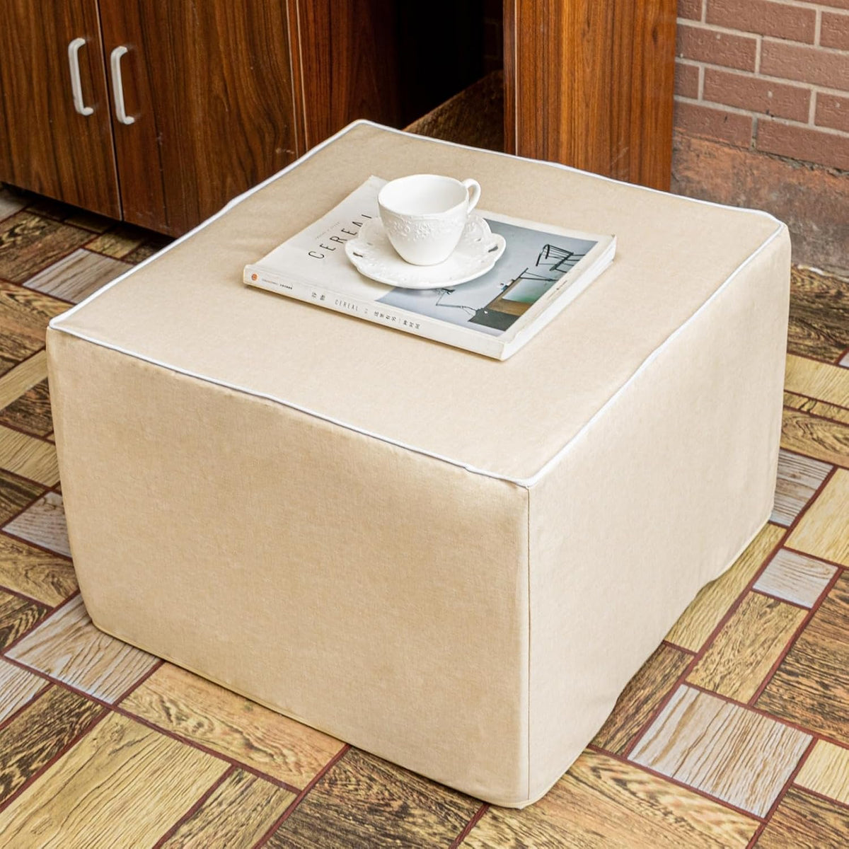 Outdoor Square Ottoman 20x20x14 In, Outdoor Footstool,Patio Footrest Linen