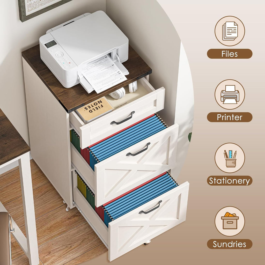 3 Drawers Farmhouse File Cabinet with Wheels for Home Office, Rustic White | Halitaa Vertical Filing Cabinet Fits Letter/A4 Size, Rolling File Cabinet Wooden Printer Stand for Home Office