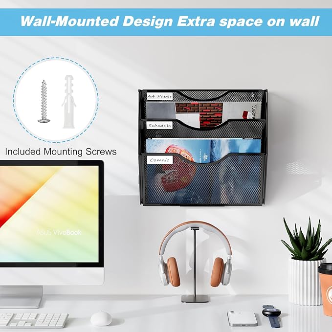 Solinxe Wall Hanging File Holder 3 Tier Wall Mounted Paper Organizer Magazine - Image 5
