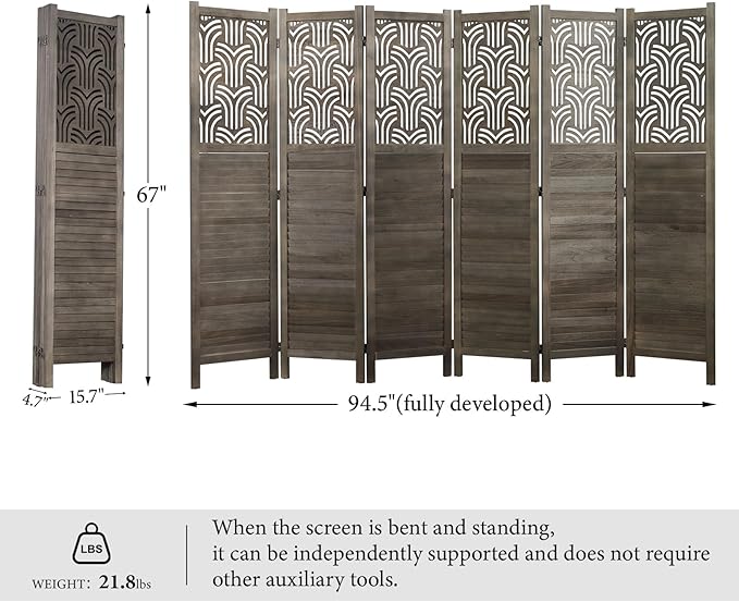 Svimi Folding Room Divider, 66.9 Inch 6 Panels Wood Carved Privacy Screens - Image 6