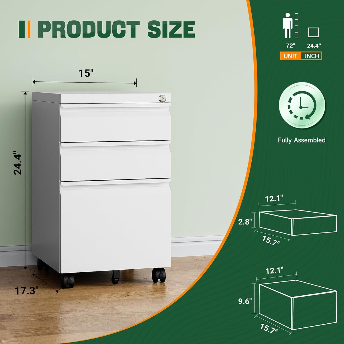 letaya 3 drawer mobile file cabinet with lock, close-up detail