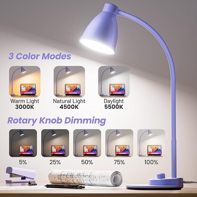 BOHON LED Desk Lamp with USB Charging Port, 3 Color Modes Fully Dimmable - Image 2
