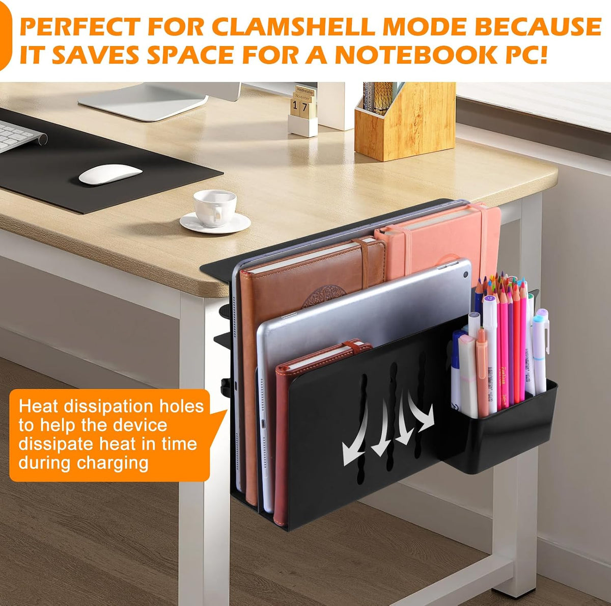 Desk Side Storage, 2 Tier Steel Hanging Organizer, No Drill Side Desk Organiz...