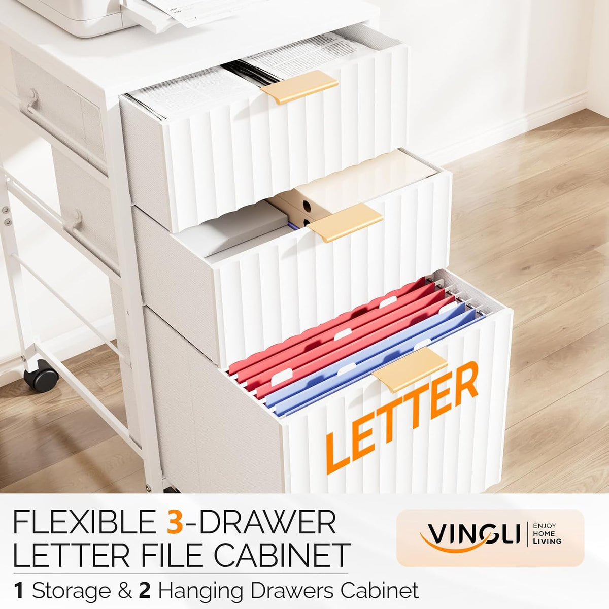 VINGLI 3 Drawer Fluted File Cabinet, Rolling File Cabinet Mobile Under Desk F...