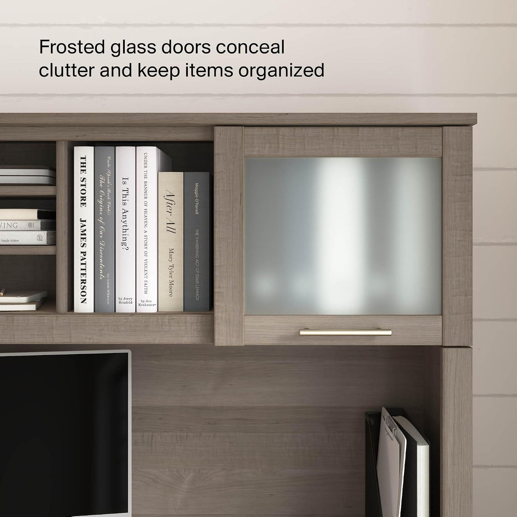 Bush Home 72-Inch Desk Hutch, Office Storage Organizer with Shelves, Cubbies and Frosted Glass Doors for Computer Desk, Home Office Furniture, Somerset Collection, Ash Gray