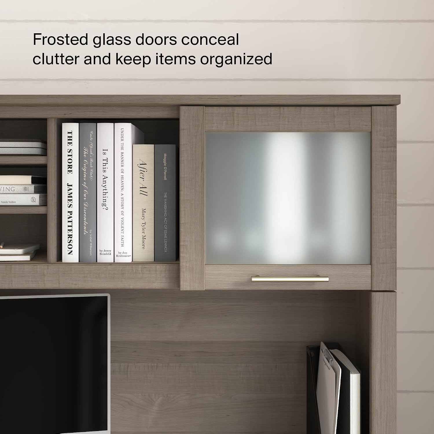 Bush Home 72-Inch Desk Hutch, Office Storage Organizer with Shelves, Cubbies and Frosted Glass Doors for Computer Desk, Home Office Furniture, Somerset Collection, Ash Gray