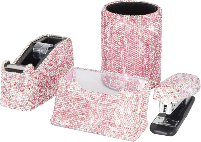 Bling Crystal Luxury Handmade Diamond Round Pencil Pen Pot Holder & Stapler & Card Holder & Desktop Tape Dispenser Office Stationery Kit for Fashion Girls Women(Pink)