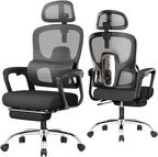 Ergonomic Office Chair with Footrest, 90-145° Reclining Desk Chair with Adjustable Lumbar Support & Headrest, High Back Mesh Computer Chair for Home Office/Gaming, 350lbs Capacity