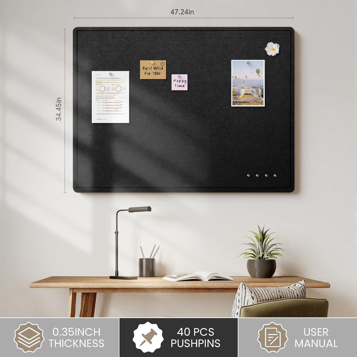Bulletin Board, 48 X 35 inches Decorative Felt Cork Board Alternative with Pu...