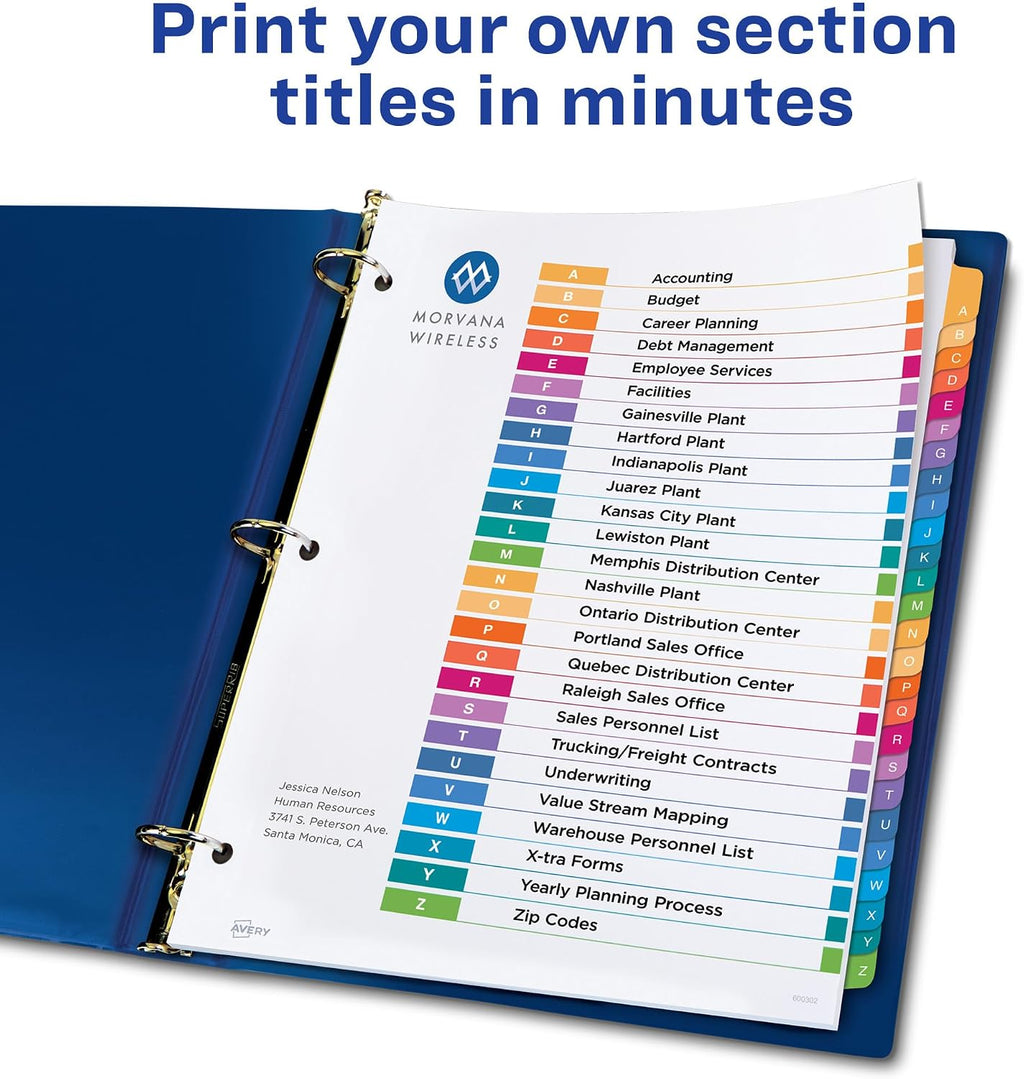 Avery A-Z Dividers for 3 Ring Binders, 26 Tabs per Set, Customizable Table of Contents, Multicolor Tabs, Great for Organizing Reports, Projects, and More (44225), 3 Sets (Pack of 4)