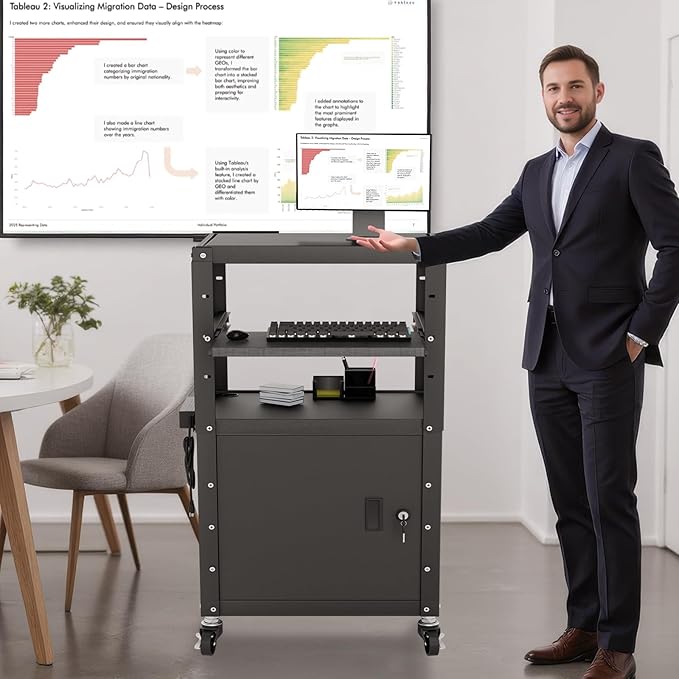 Mobile AV Cart with Cabinet, Rolling Computer Cart Height Adjustable Rolling - Image 3
