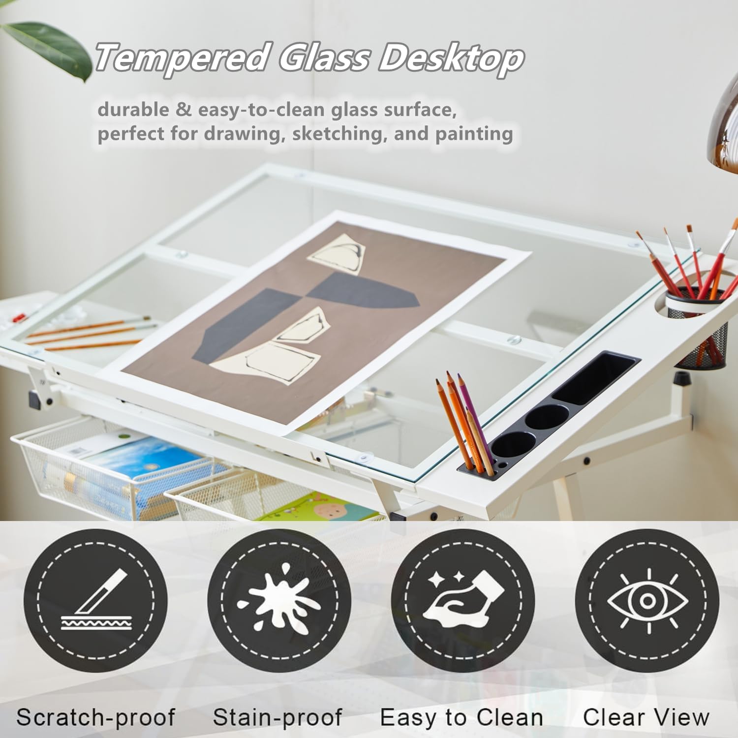 Drafting Table, Height Adjustable Art Tabe with Stool, White | 0-75° Tilting Tempered Glass Tabletop Art Drawing Table with Compartments, Trays, Rack and Drawers for Sketching Painting