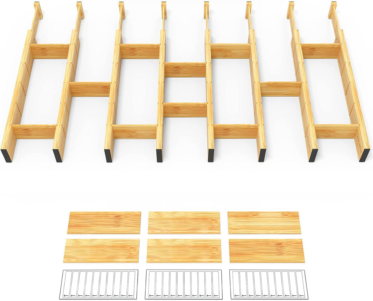 SpaceAid Bamboo Drawer Dividers with Inserts and Labels, Kitchen Adjustable D...