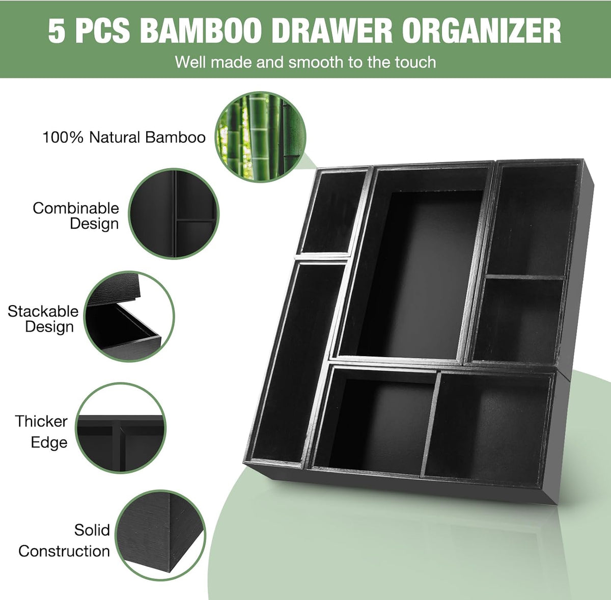 Bamboo Drawer Organizer,5 PCS Black Silverware Tray&Desk Organizers and S...